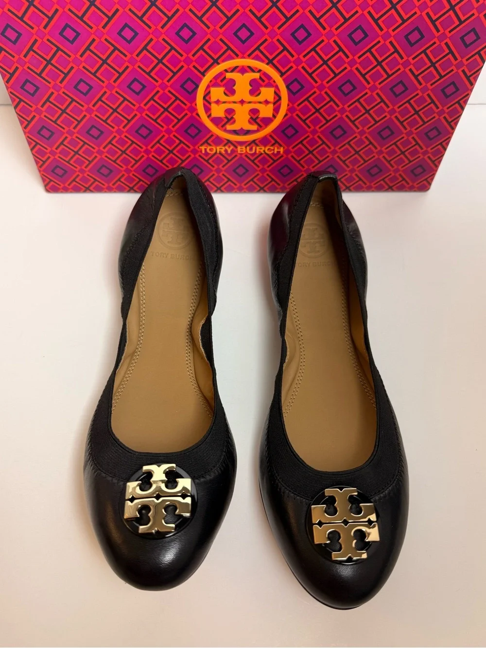Tory Burch Claire Elastic Ballet Flats Black Nappa Leather Gold Logo Shoes Sz 8